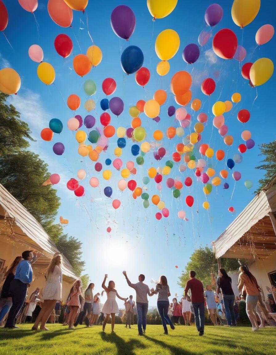 A vibrant, whimsical scene of colorful balloons in various shapes and sizes floating above a joyful outdoor celebration setting. Include a diverse group of people, smiling and interacting with the balloons, surrounded by decorations like streamers and fairy lights. A clear blue sky serves as the backdrop, suggesting a festive atmosphere. super-realistic. vibrant colors. festive theme.