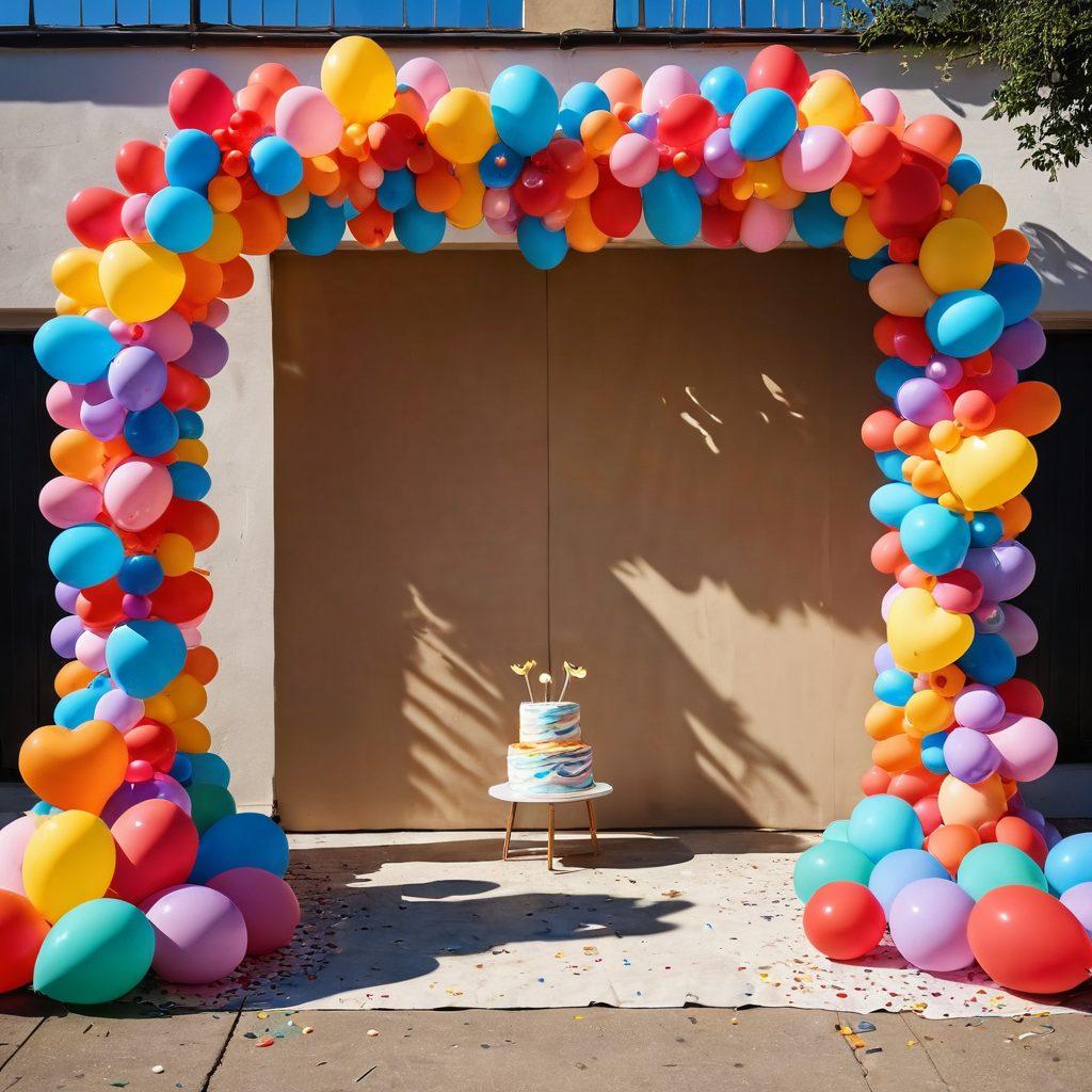 A whimsical scene featuring a vibrant balloon arch in various colors and shapes, surrounded by joyful partygoers of different ages. Include playful balloons in animal shapes, heart balloons, and a backdrop of a festive outdoor setting with streamers and confetti floating in the air. Capture the essence of celebration and creativity, with soft sunlight filtering through the balloons, casting colorful shadows on the ground. Ultra-realistic. bright colors. festive atmosphere.