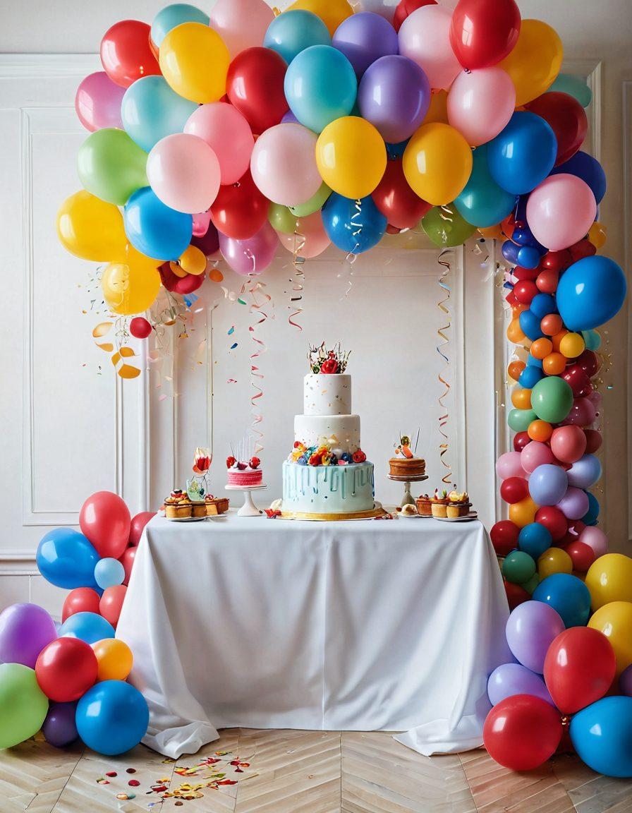 A vibrant celebration scene showcasing a variety of colorful balloons, including wedding-themed and birthday-themed designs. The background features elegant decorations with soft lighting, a whimsical cake, and cheerful guests enjoying the festivities. Bubbles and confetti float around, adding to the joyful atmosphere. The focus should be on the balloons in various shapes and sizes. super-realistic. vibrant colors. festive setting.